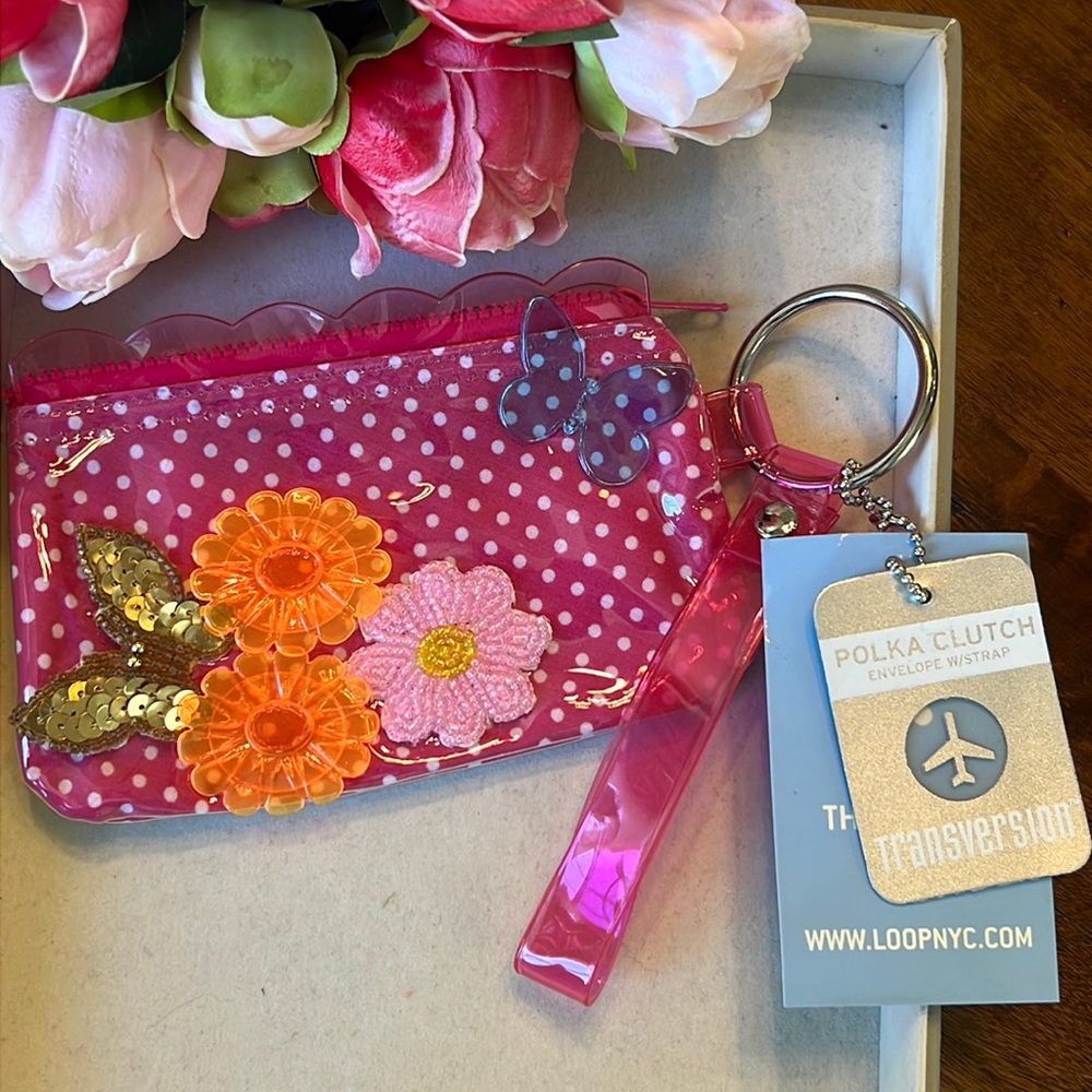 Loop NYC Trans Version Pink Polka Dot Patten Sequence Zipper Jelly Wristlet NEW